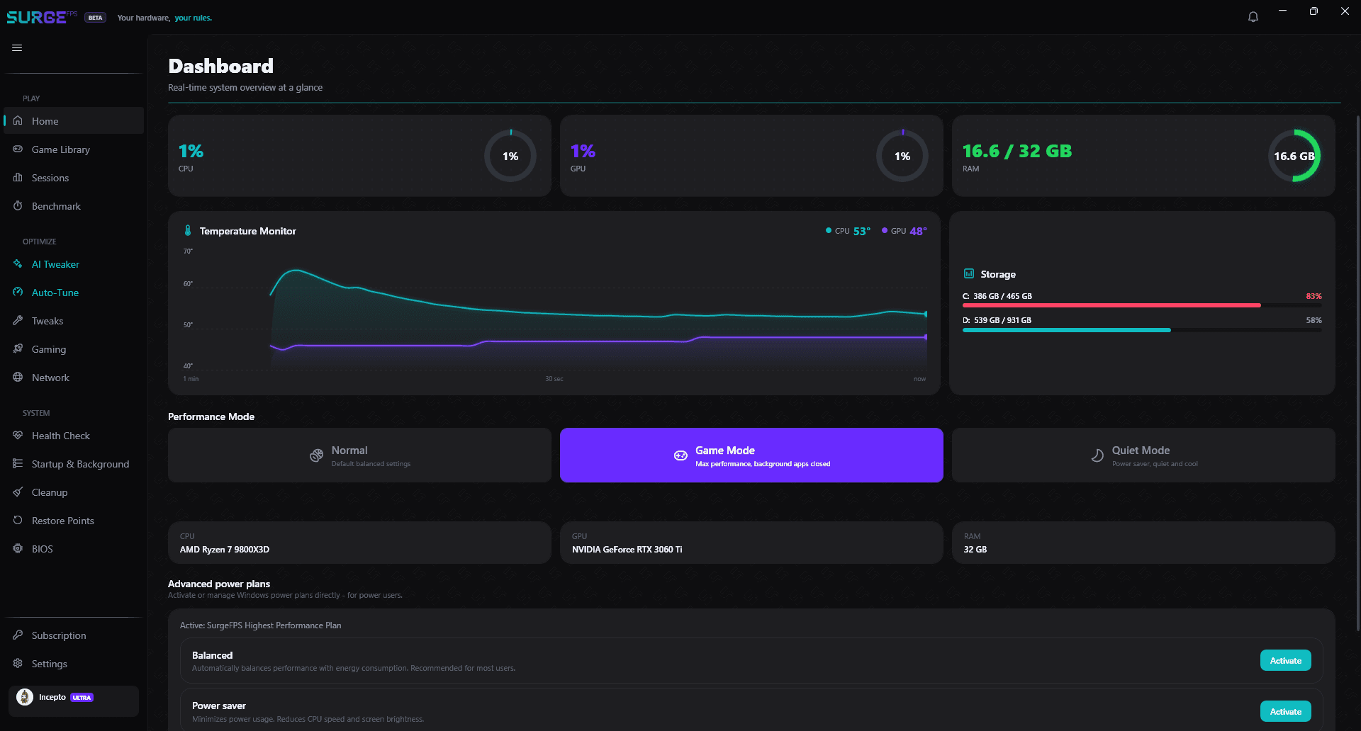 The SurgeFPS dashboard with live CPU, GPU, RAM and temperature monitoring and one-click performance modes.