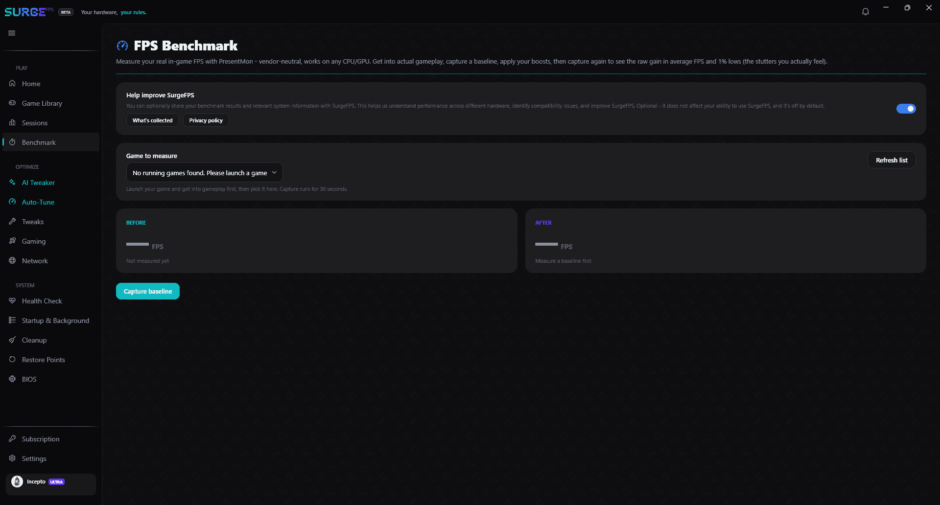 The SurgeFPS FPS Benchmark page — before/after average, 1% low and 0.1% low FPS captured from real gameplay frames.