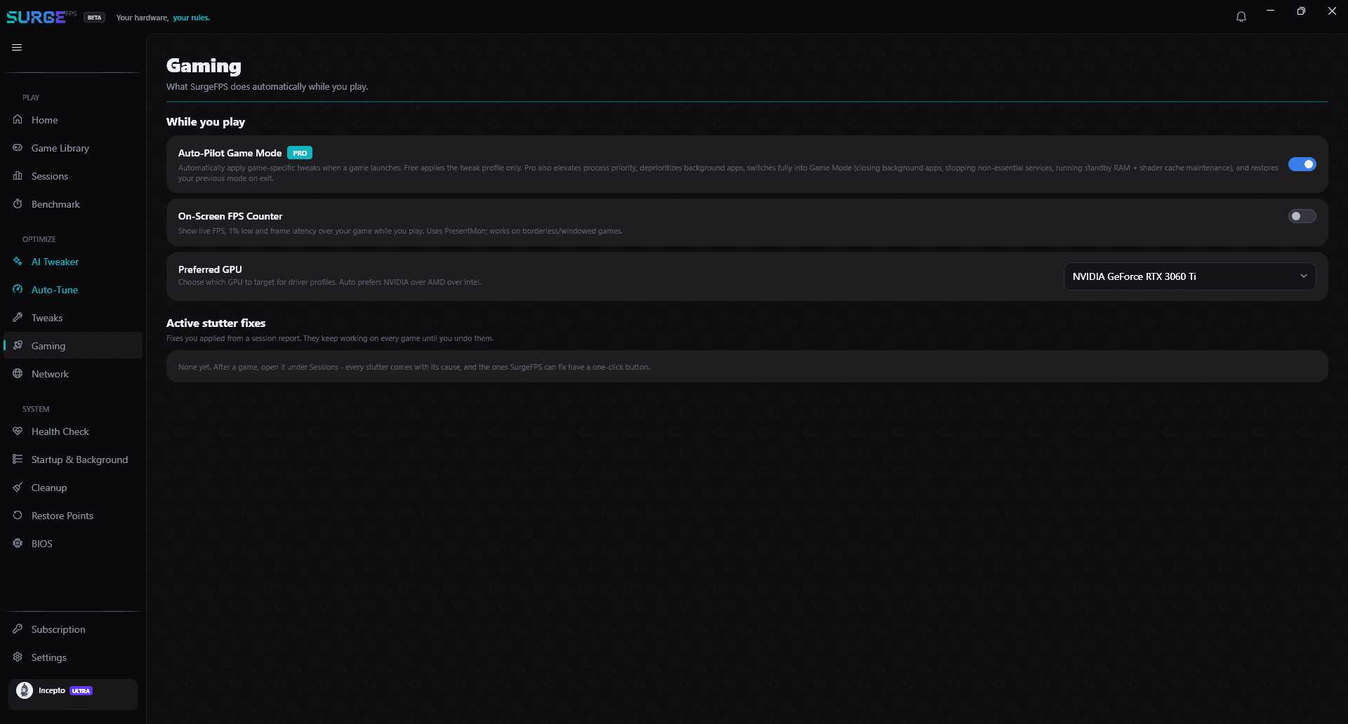 The SurgeFPS Gaming page — Auto-Pilot Game Mode, the on-screen FPS counter, preferred GPU and active stutter fixes.
