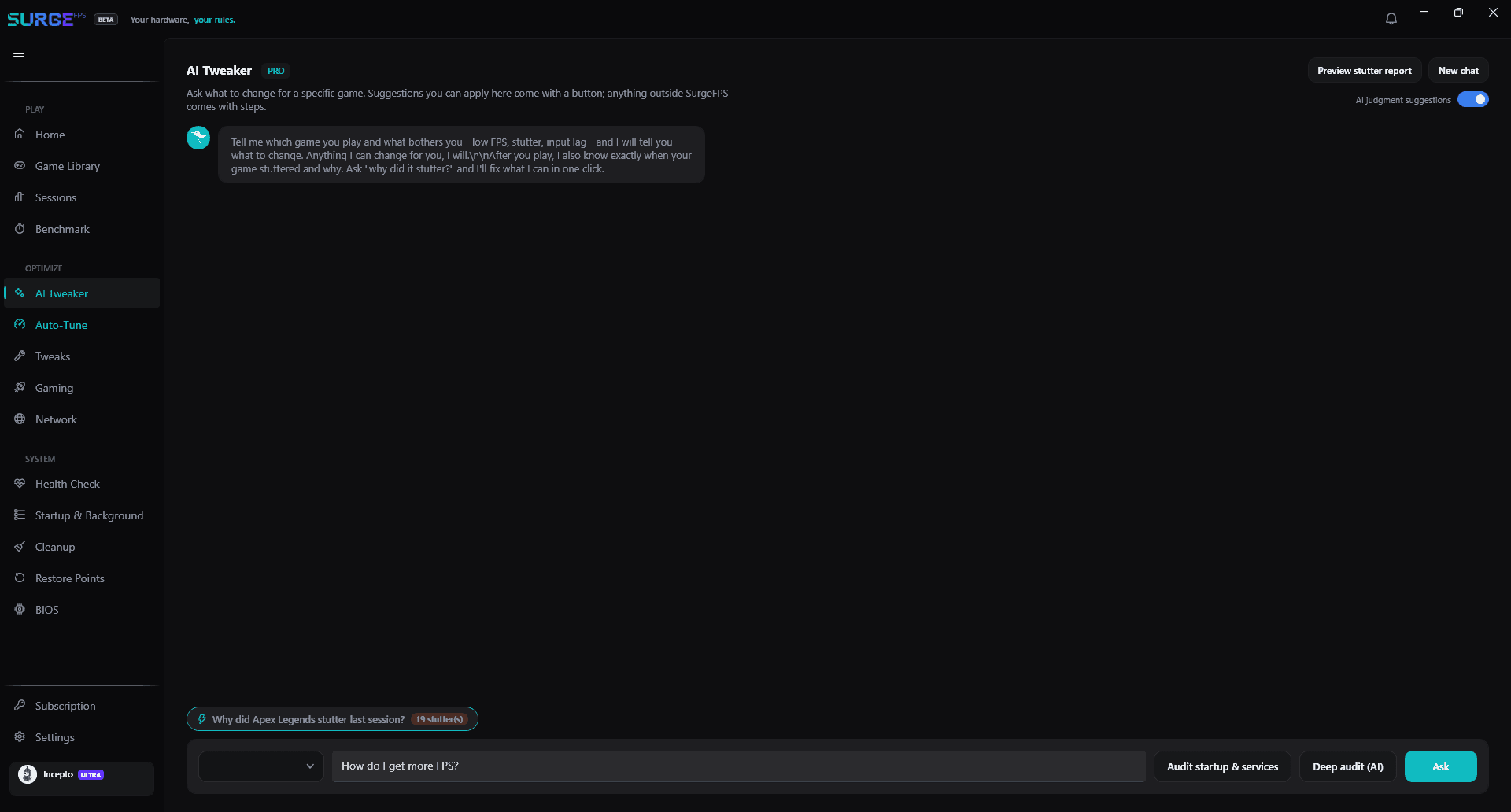 The SurgeFPS AI Tweaker — a Pro chat that recommends and one-click applies real tweaks for the game you play.